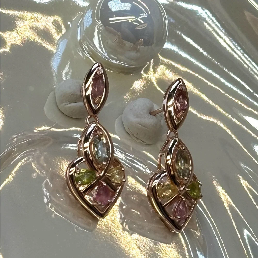 ETR2 2CT Natural Rainbow Tourmaline ART DECO HEART Earrings 18K Rose Gold S925